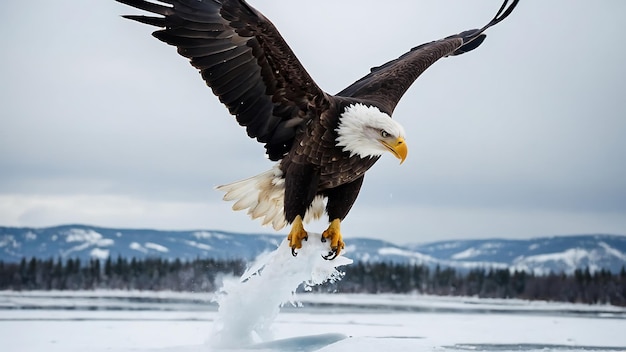 Águila calva en vuelo sobre el lago Paisaje de invierno con nieve y montañas