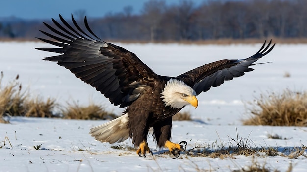 Águila calva en vuelo sobre el lago Paisaje de invierno con nieve y montañas