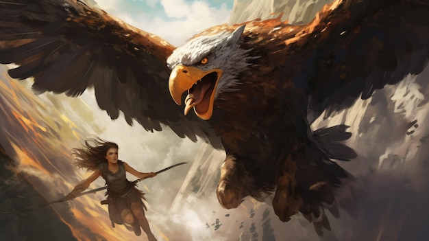 Águila gigante volando hacia la mujer guerrera arte digital