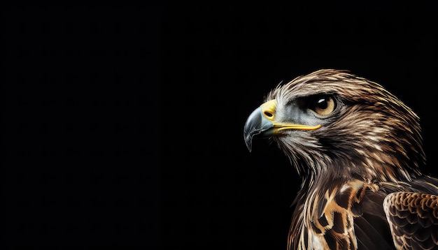 Águila mirando con ojos marrones en fondo negro