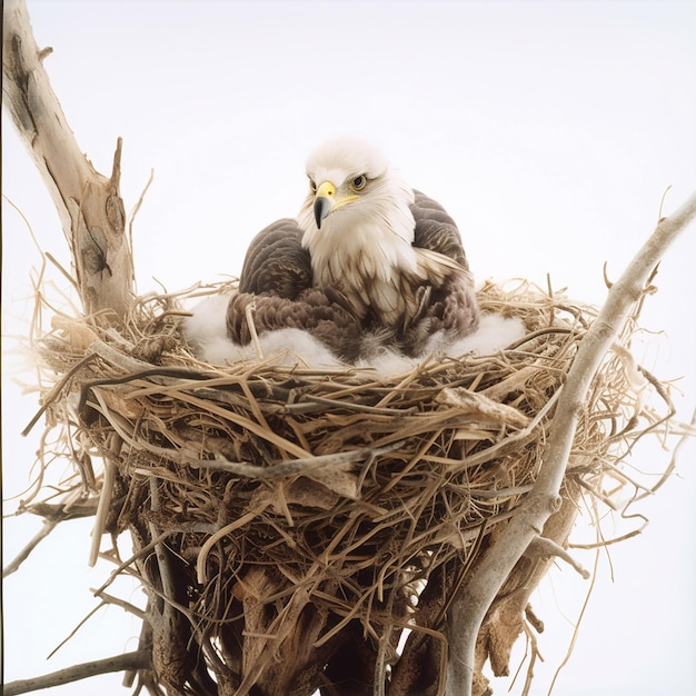 Águila en un nido de ramas en un árbol un gran pájaro de presa aislado en primer plano blanco