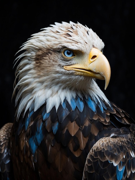 Águila con ojos azules frente a un fondo negro