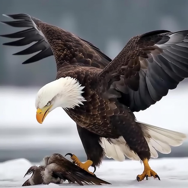 Águila en un suelo cubierto de nieve rasga con sus garras y se come a su presa un gran ave rapaz de cerca