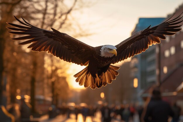 Águila volando contra el fondo de la ciudad