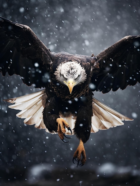 Águila volando en medio de una tormenta de nieve