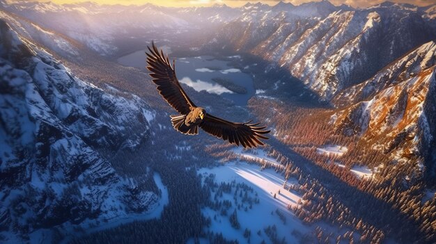 Águila volando en la montaña con puesta de sol IA generativa