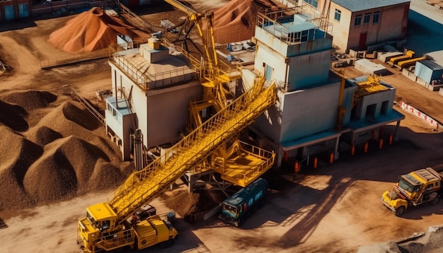 Guindaste Arafed em um canteiro de obras com um caminhão e um caminhão basculante generativo ai