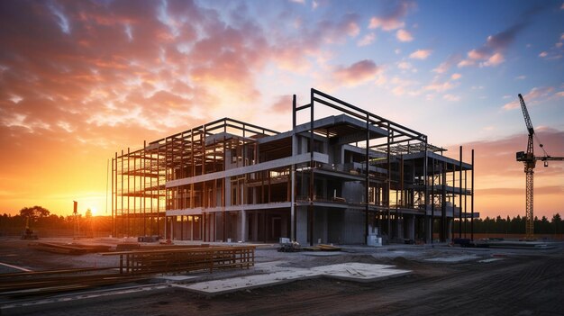 Foto guindastes de construção ao pôr-do-sol