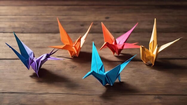 Guindastes de origami em fundo de madeira