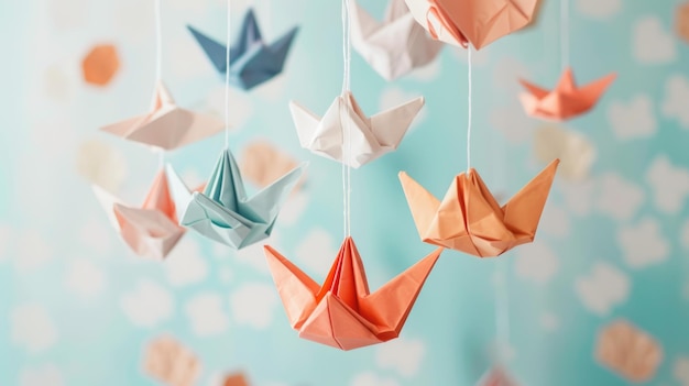 Guindastes de papel origami em um fundo azul pastel com padrão de nuvens