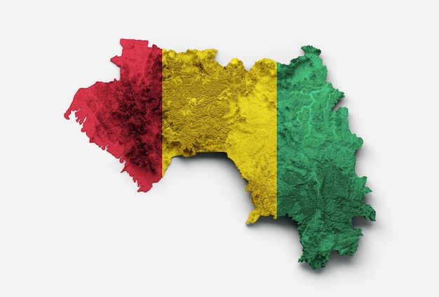 Guinea Karte Flagge Schattierte Relieffarbe Höhenkarte auf weißem Hintergrund 3D-Darstellung