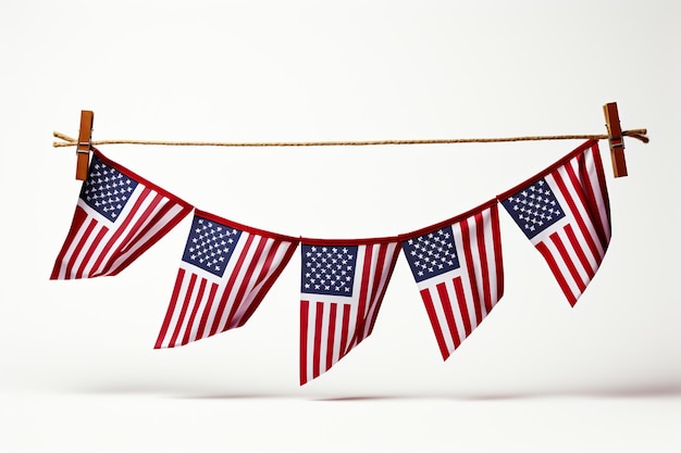 Foto la guirlanda de la bandera estadounidense colgando de una cuerda sobre un fondo blanco
