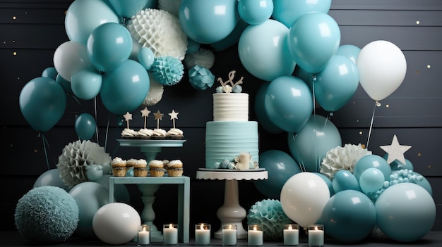 Guirlanda de balões de decorações de aniversário e decoração para festa de bebê em um fundo de parede