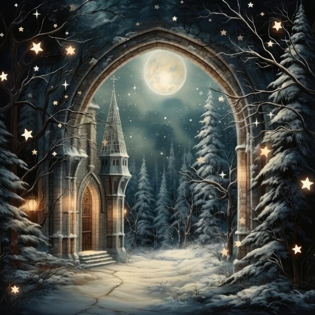Guirlanda de cartão de Natal com estrelas prateadas Uma vista através de um antigo arco de tijolos