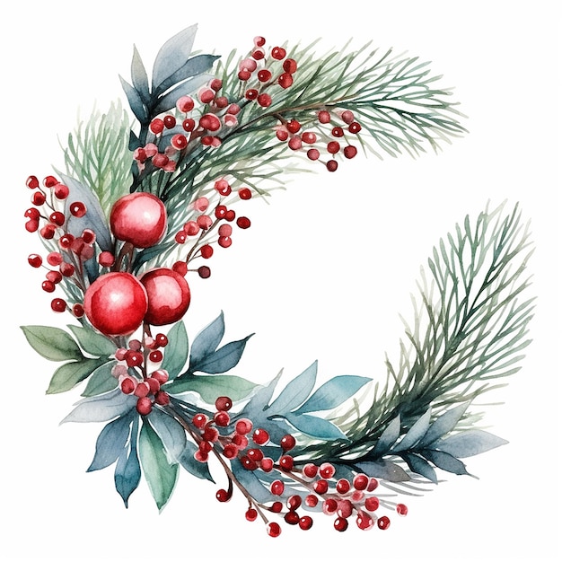 Guirlanda de decoração de Natal evergreen branche pine flor vermelha e baga aquarela ilustração