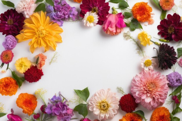 Guirlanda de flores decorada com espaço para mensagem personalizada vista de cima para baixo