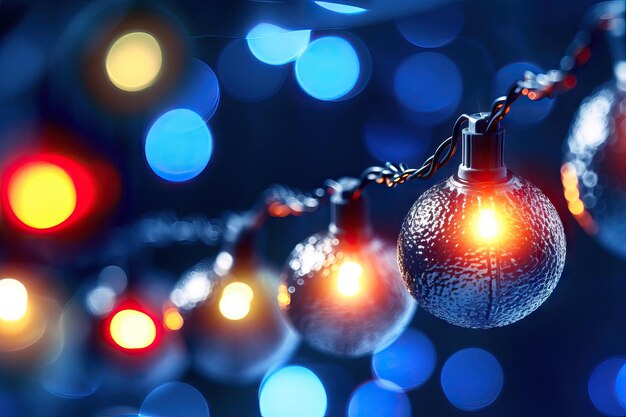 Guirlanda de Natal Bokeh Lights em fundo azul escuro gerado por IA