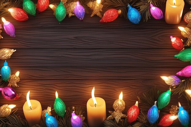 Foto la guirlanda de fondo de navidad el abeto las luces del árbol de navidad en la mesa de madera la guirlana de fondo de navidad