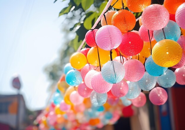 guirlandas coloridas penduradas ao ar livre criando uma atmosfera festiva e colorida Festival de rua