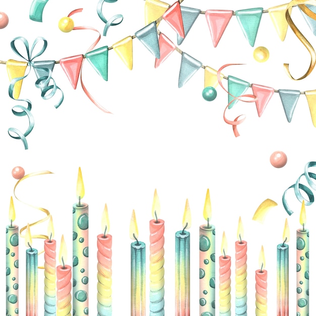 Guirlandas de velas festivas com bandeiras confetes e fitas Ilustração em aquarela Um modelo da coleção HAPPY BIRTHDAY Para a decoração de design de cartões pôsteres cartões postais saudações