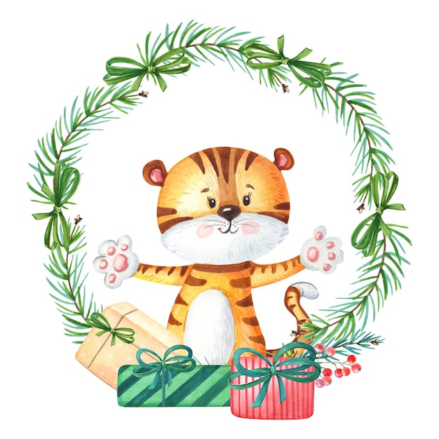 Guirnalda de acuarela de año nuevo. Tigre con árbol de Navidad y regalo. Animal lindo para la tarjeta de felicitación. Ilustración acuarela para niños. Vacaciones de invierno.