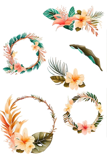 Guirnalda de acuarela con plantas y flores tropicales Ilustración de acuarela dibujada a mano aislada en blanco AI generado