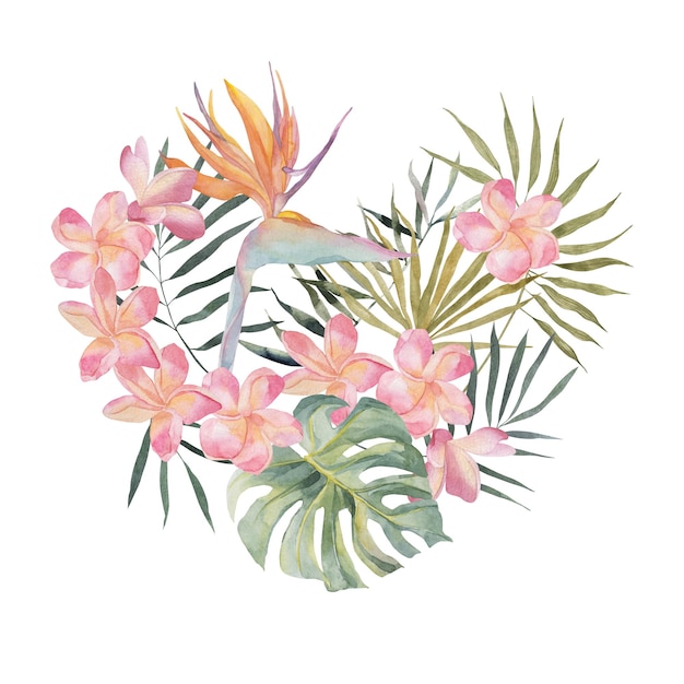Guirnalda de amor de corazón de selva Strelitzia plumeria monstera hojas de palma Marco dibujado a mano de acuarela