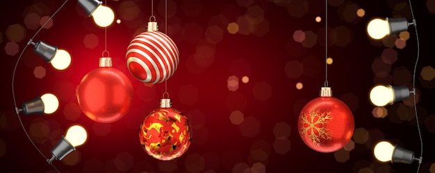 Guirnalda de bombillas Decoración navideña Cuatro bolas rojas de Navidad 3d render