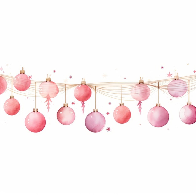 Guirnalda de Natal de aquarela de brilho rosa ornamentada com luzes Um clipart de borda horizontal em Whi