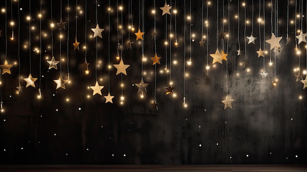 Guirnalda con estrellas doradas bokeh borroso en el fondo de la pared grunge Diseño generativo de IA