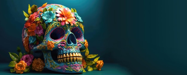 Guirnalda floral Día de los muertos Cráneo Concepto de diseño festivo IA generativa