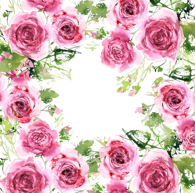 Guirnalda floral Marco floral con rosas rosas Flores de acuarela para saludar, decoración de tarjetas de boda