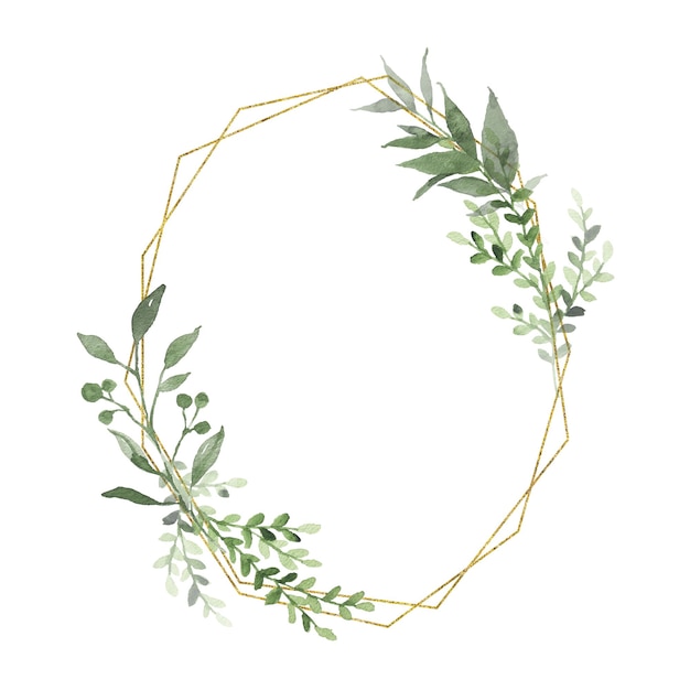 Foto guirnalda geométrica de oro acuarela con vegetación deja rama ramita planta hierba flora aislada
