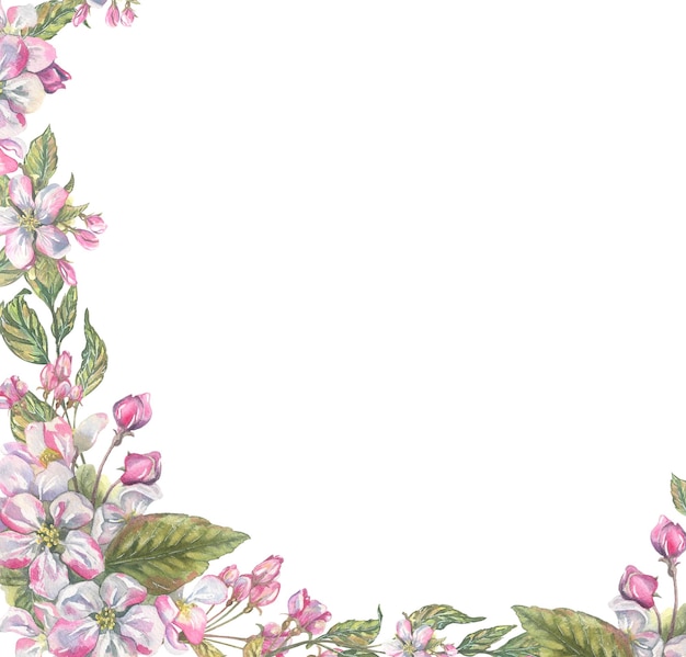 Guirnalda de marco de ilustración de acuarela de árboles frutales en flor y herramientas de jardín Un conjunto floral fresco y hermoso para la primavera Para decoración de diseño y postales