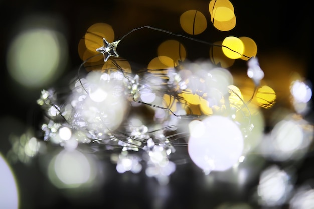 Guirnalda navideña de botellas de vidrio, frascos con una planta en su interior. Concepto de Navidad y año nuevo. Una guirnalda de bombillas con una hermosa luz y bokeh.