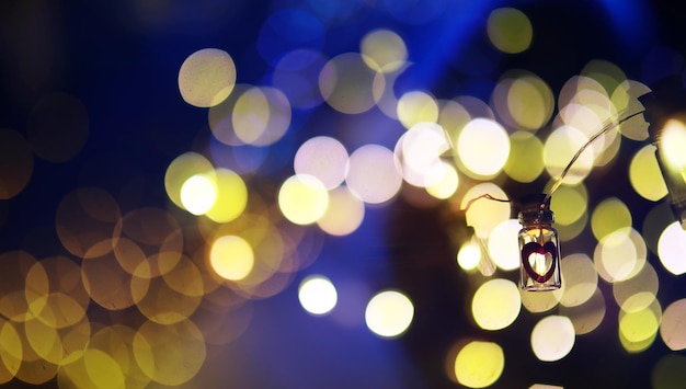 Guirnalda navideña de botellas de vidrio, frascos con una planta en su interior. Concepto de Navidad y año nuevo. Una guirnalda de bombillas con una hermosa luz y bokeh.