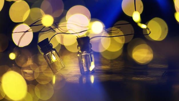 Guirnalda navideña de botellas de vidrio, frascos con una planta en su interior. Concepto de Navidad y año nuevo. Una guirnalda de bombillas con una hermosa luz y bokeh.