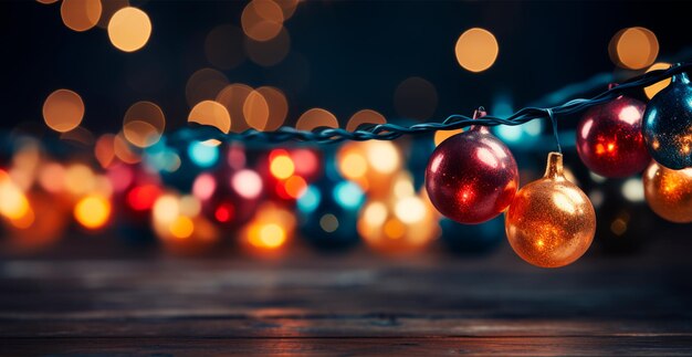 Guirnalda navideña de colores brillantes en un fondo de bokeh borroso Imagen generada por IA del banner de Año Nuevo