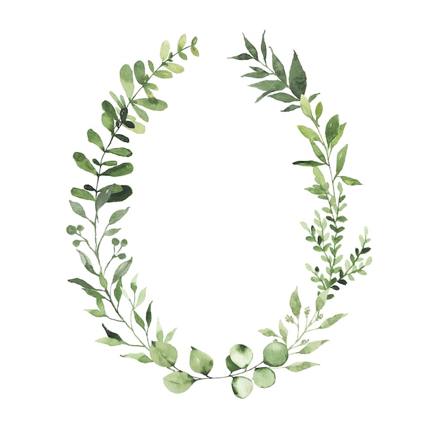 Guirnalda ovalada de acuarela con vegetación deja rama ramita planta hierba flora aislada