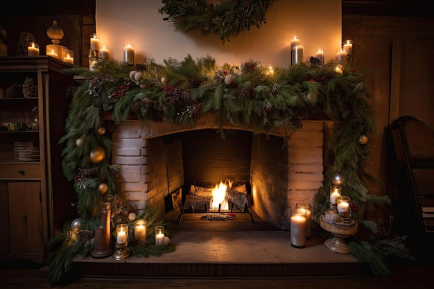 Una guirnalda rústica, velas y vegetación rodean un fuego crepitante creado con ai generativo