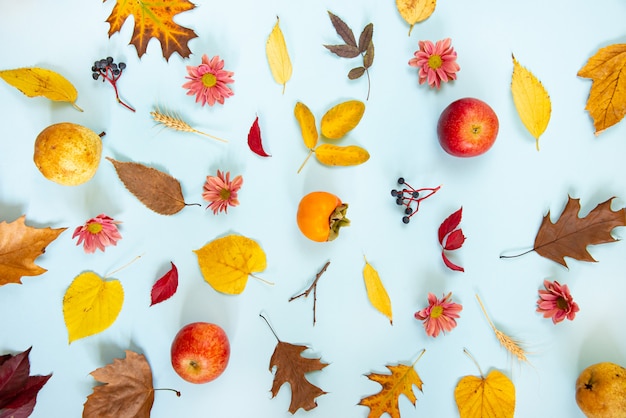 Una guirnalda de varias coloridas frutas y hojas de otoño sobre fondo azul claro.