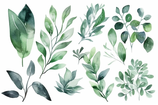 Guirnaldas de acuarela con hojas verdes y ramas sobre un fondo blanco.