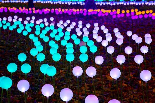 Guirnaldas de bolas brillantes de colores en la decoración del festival de color de la luz de la calle del parque de la ciudad