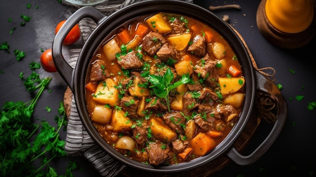 Guisado de carne com batatas, cenouras e ervas