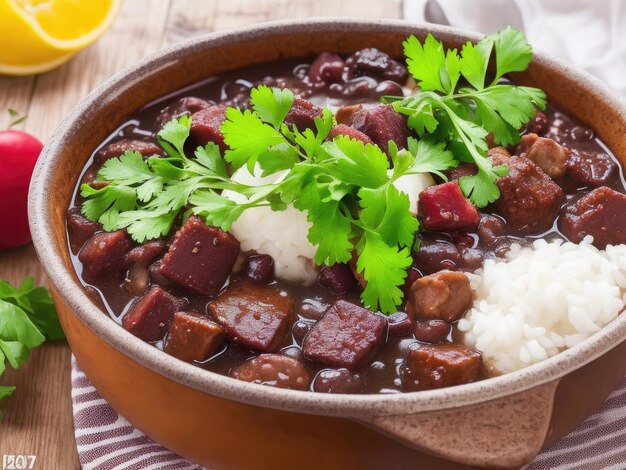 Guisado de carne de vaca com arroz e legumes em uma tigela Foco seletivo