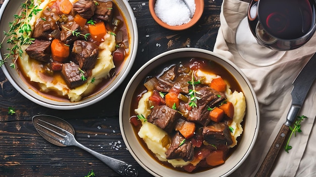 Guisado de carne de vaca sobre puré de batatas com vinho vermelho