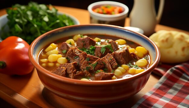 Foto guisado de carne fresca com vegetais orgânicos servido em louça rústica gerada por inteligência artificial