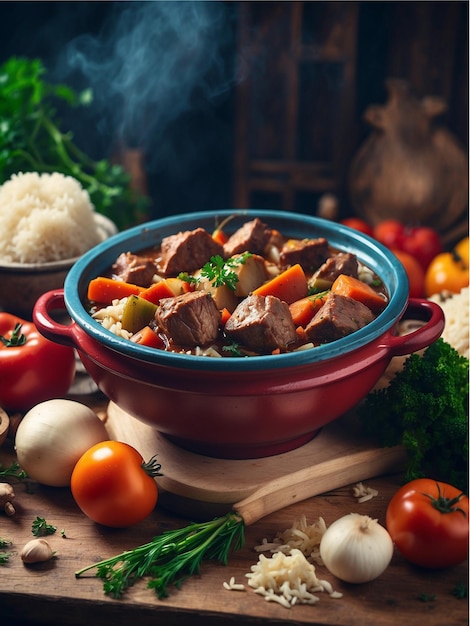 Guisado de carne recentemente cozido com arroz e