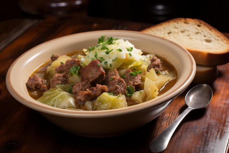 Foto guisado irlandês com um lado de repolho delicioso delicioso fotografias de comida irlandesa
