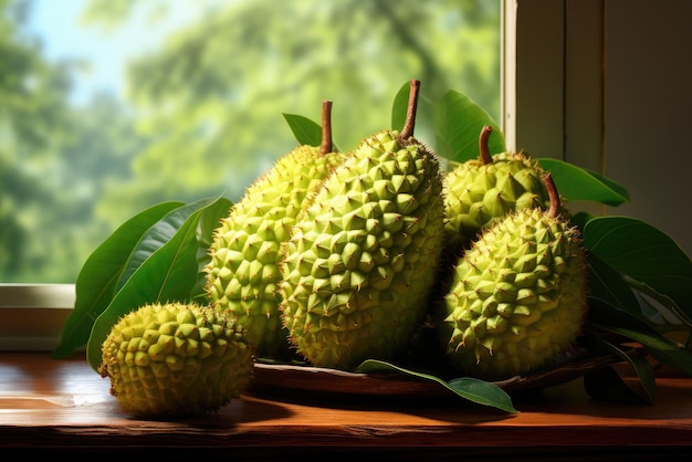 La guisante de frutas o Annona muricata en una mesa de madera